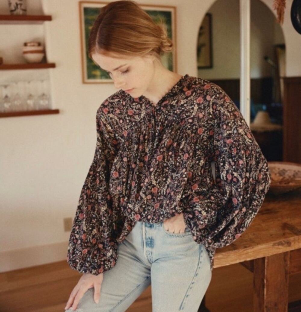 DOEN Thistle Top in Black Multi Floral Print M Boho